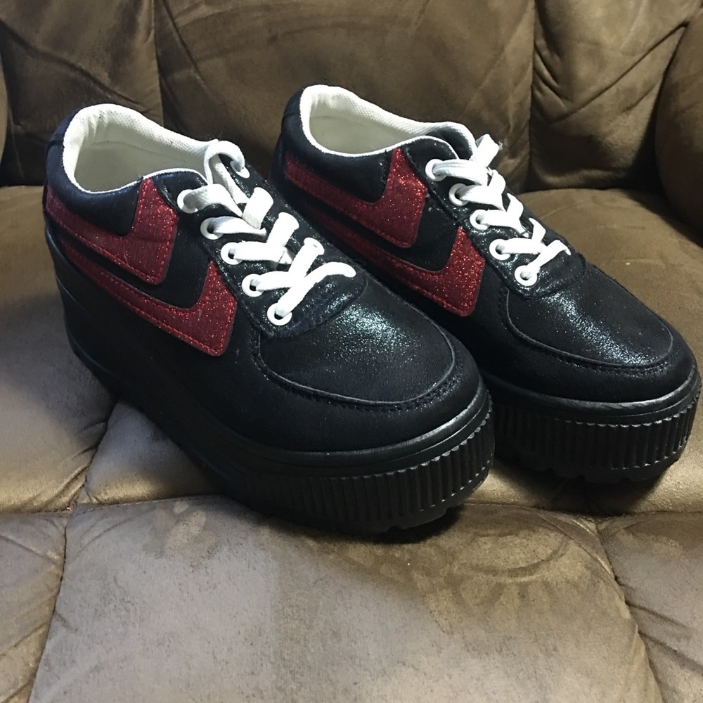Weeboo Black and Red Glitter Platform Sneakers